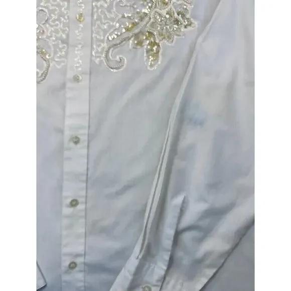 Moda Bianco Dress Shirt Pearl Beaded Floral Sequin Western Cowboy Cream White - Picture 13 of 13